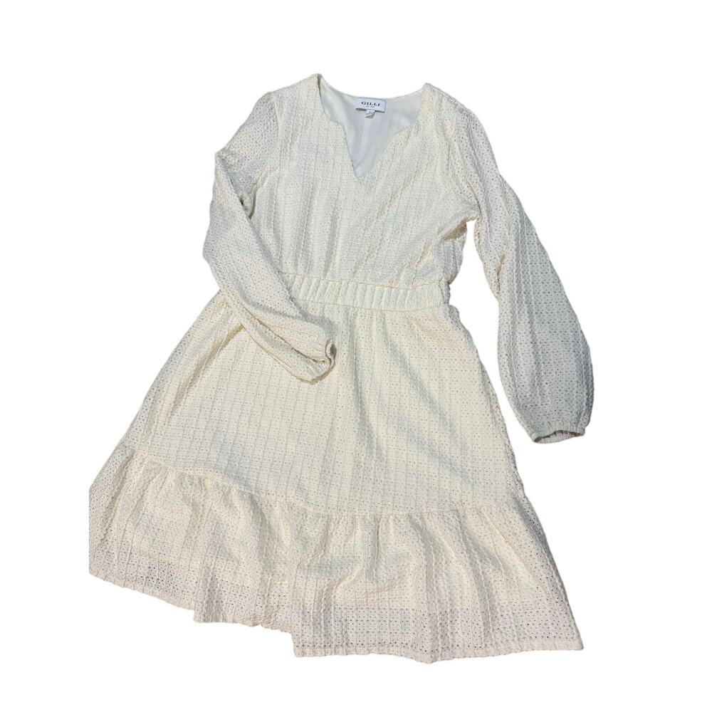 Gilli Cream Textured Puff Sleeve Dress Womens Medium Cottagecore Prairie